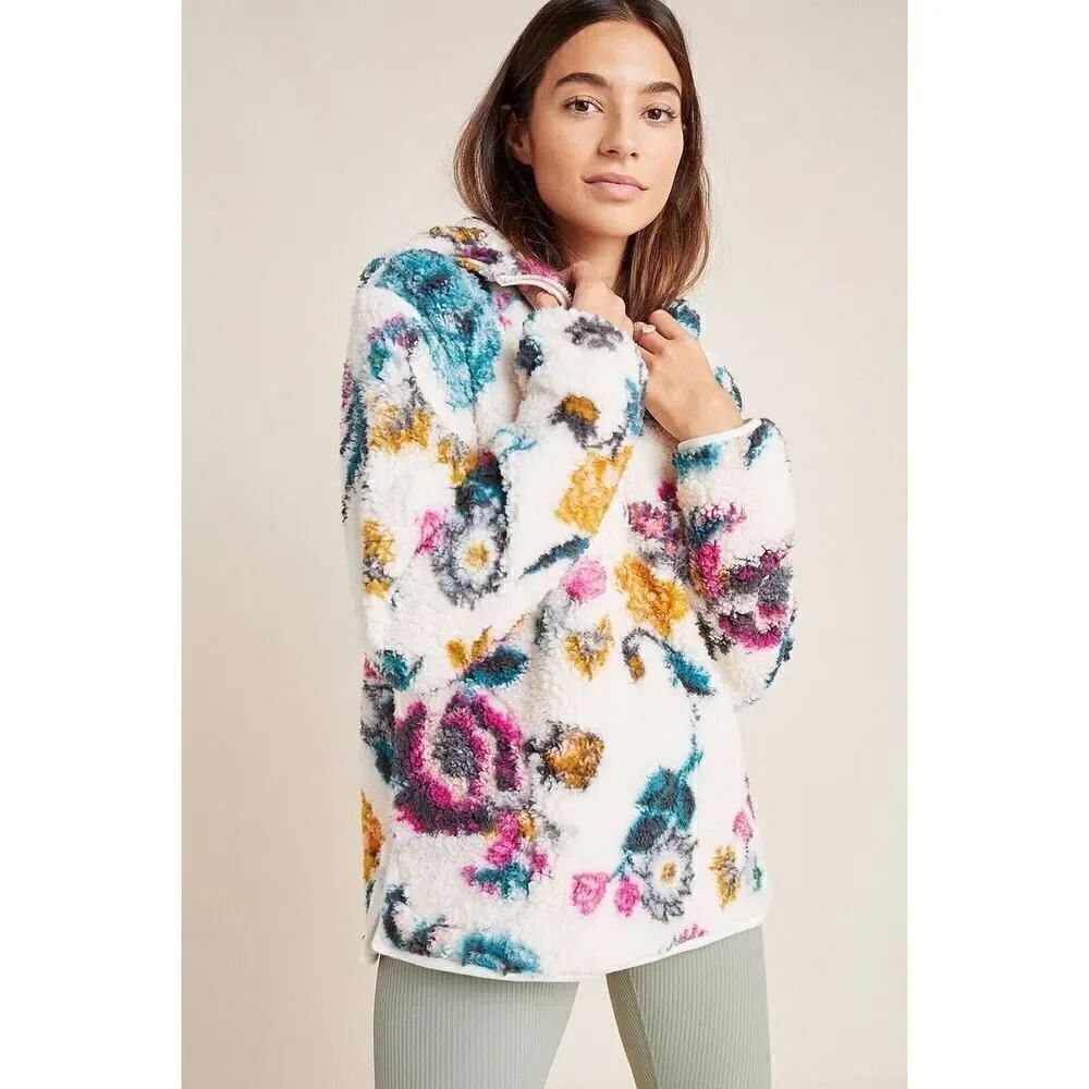 ANTHROPOLOGIE Rosemarie Hooded Sherpa Jacket Teddy Sweater Floral XS